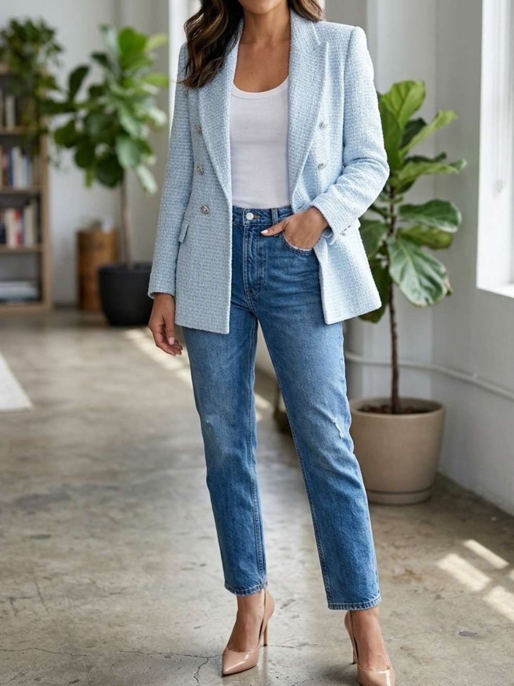 ZARA Light Blue Tweed Double-Breasted Blazer Jacket NWT size small - Picture 1 of 9